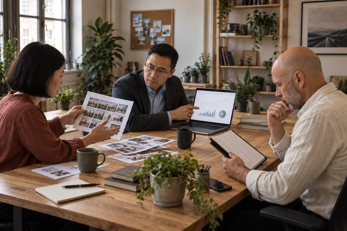 A team meeting evaluating content and advertising deliverables separately