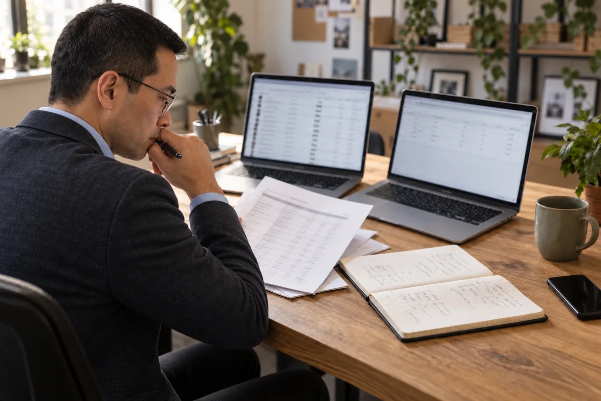 A specialist comparing marketing reports and sales records on separate screens