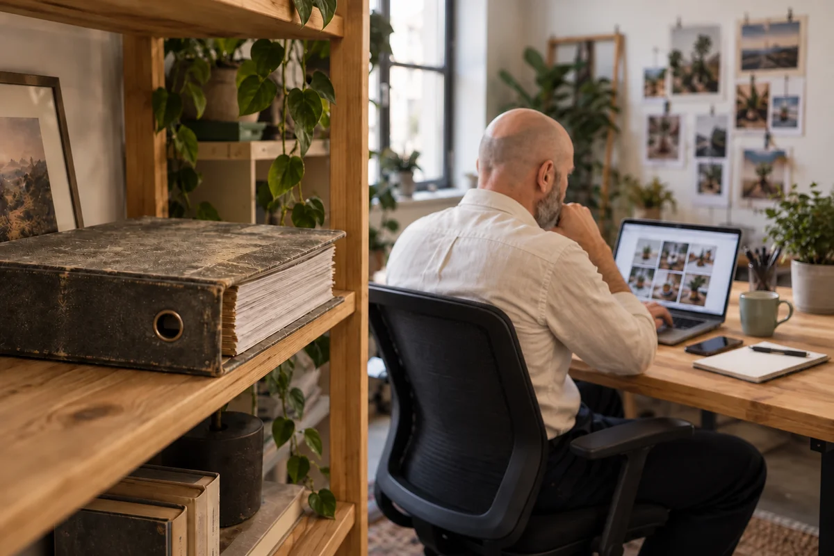 A specialist handling daily content work beside a shelved strategy document